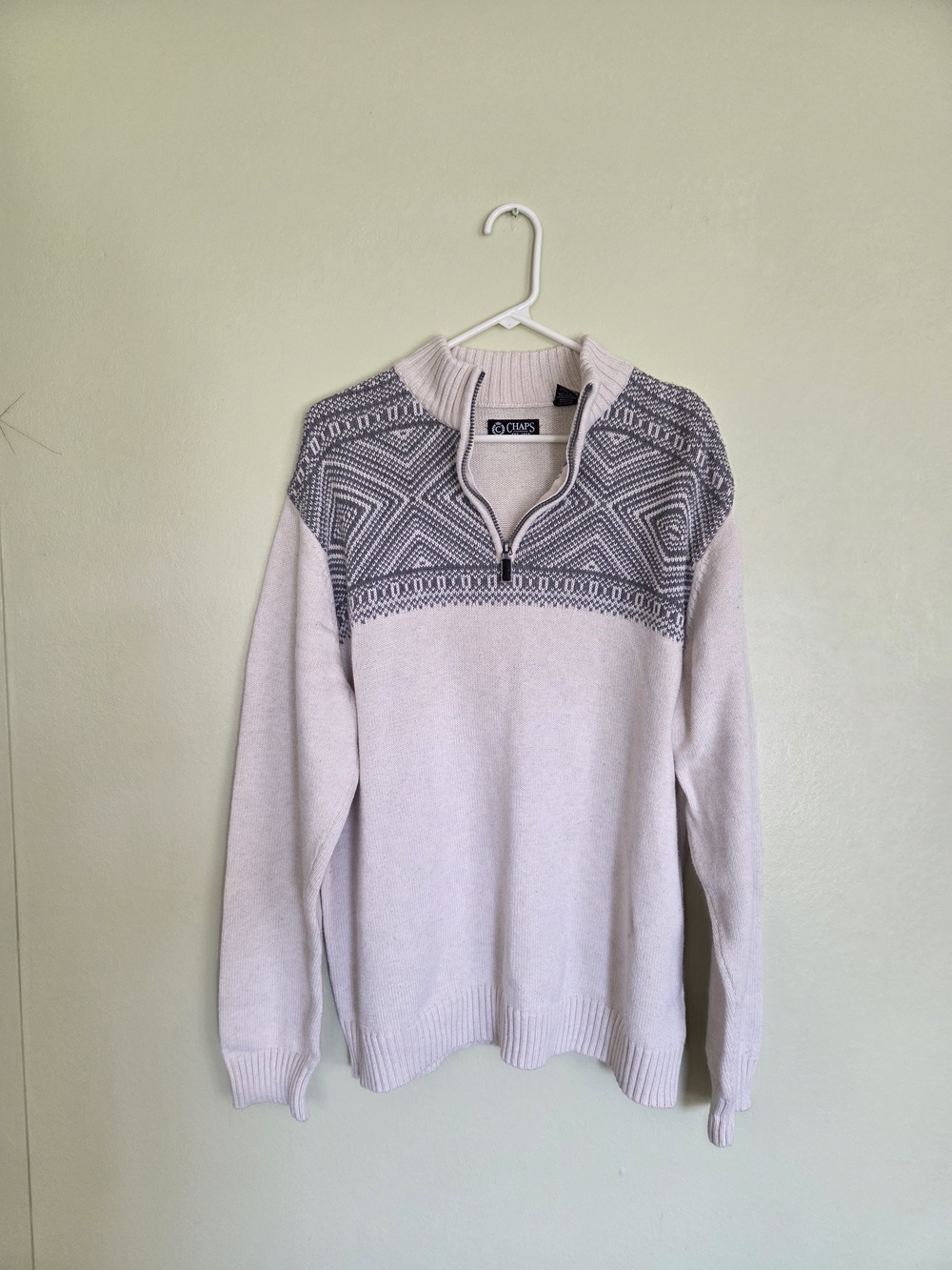 Chaps Quarter Zip Mock Neck Sweater Mens XL Fair Isle Beige Gray CottonPullover